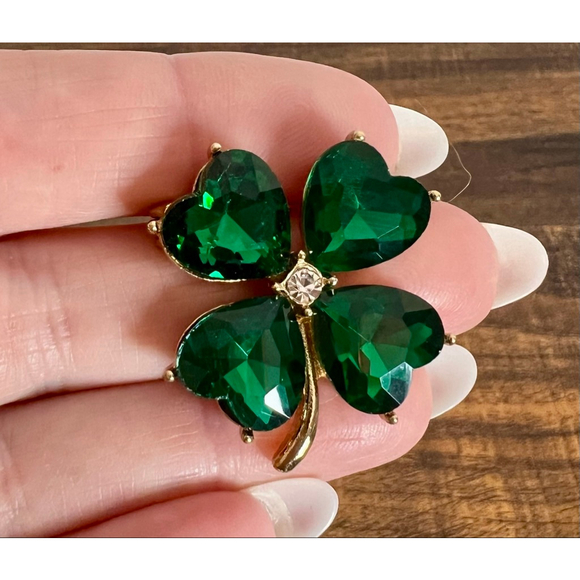 St. Patty’s Day Lucky Clover Green Gold Brooch - Picture 5 of 6